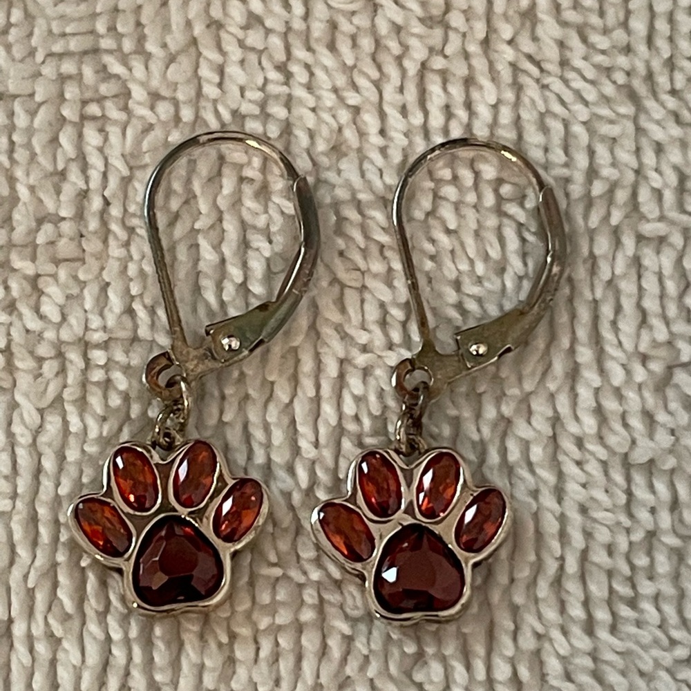 Paw Dangle Earrings Sterling Silver & Crystals New